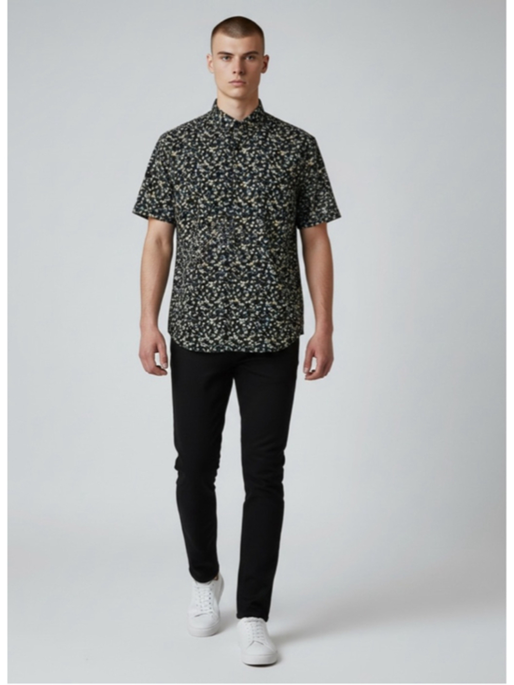 Cactus Man Ricky Singh Floral Button Front Shirt Mens Small Black Short Sleeve